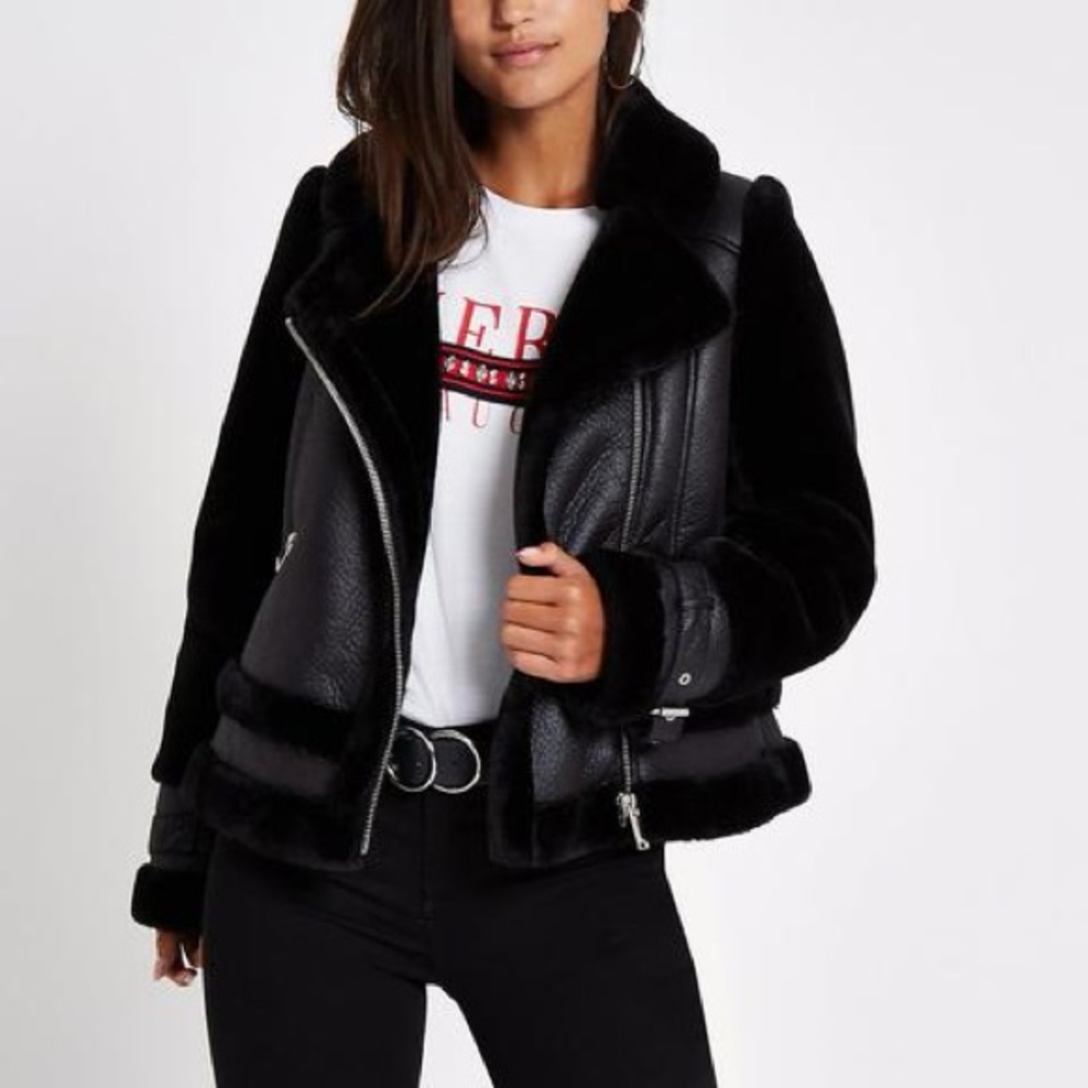RIVER ISLAND BLACK FAUX LEATHER AVIATOR JACKET